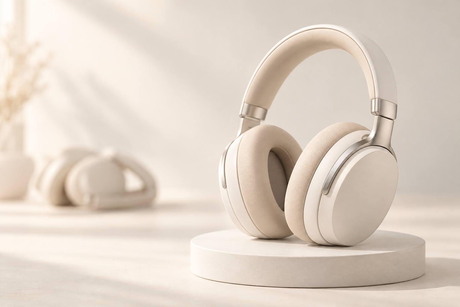 Illustrative pearl-white over-ear headphones on a simple studio pedestal